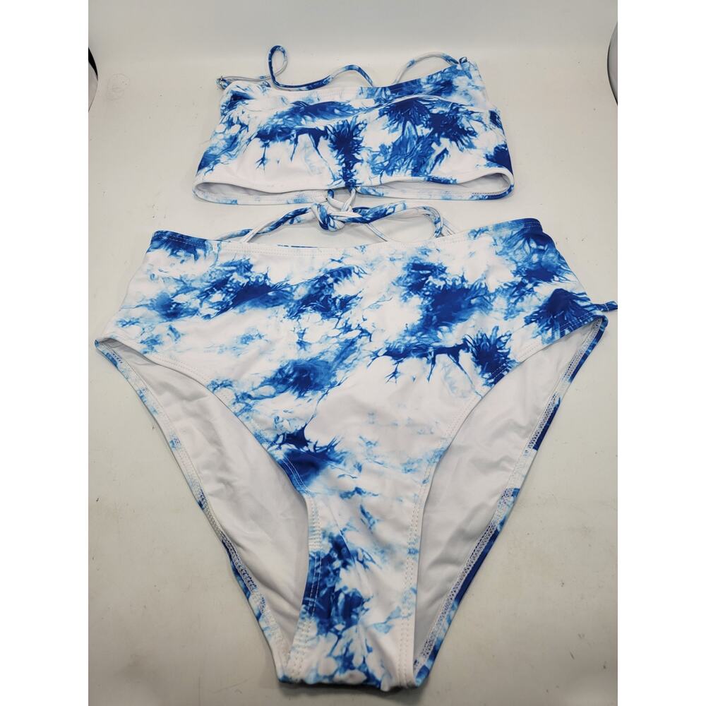 Women Swimsuit Bandeau Benage Bikini Set Push-Up Brasilia Tie-Dye White/Blue XL